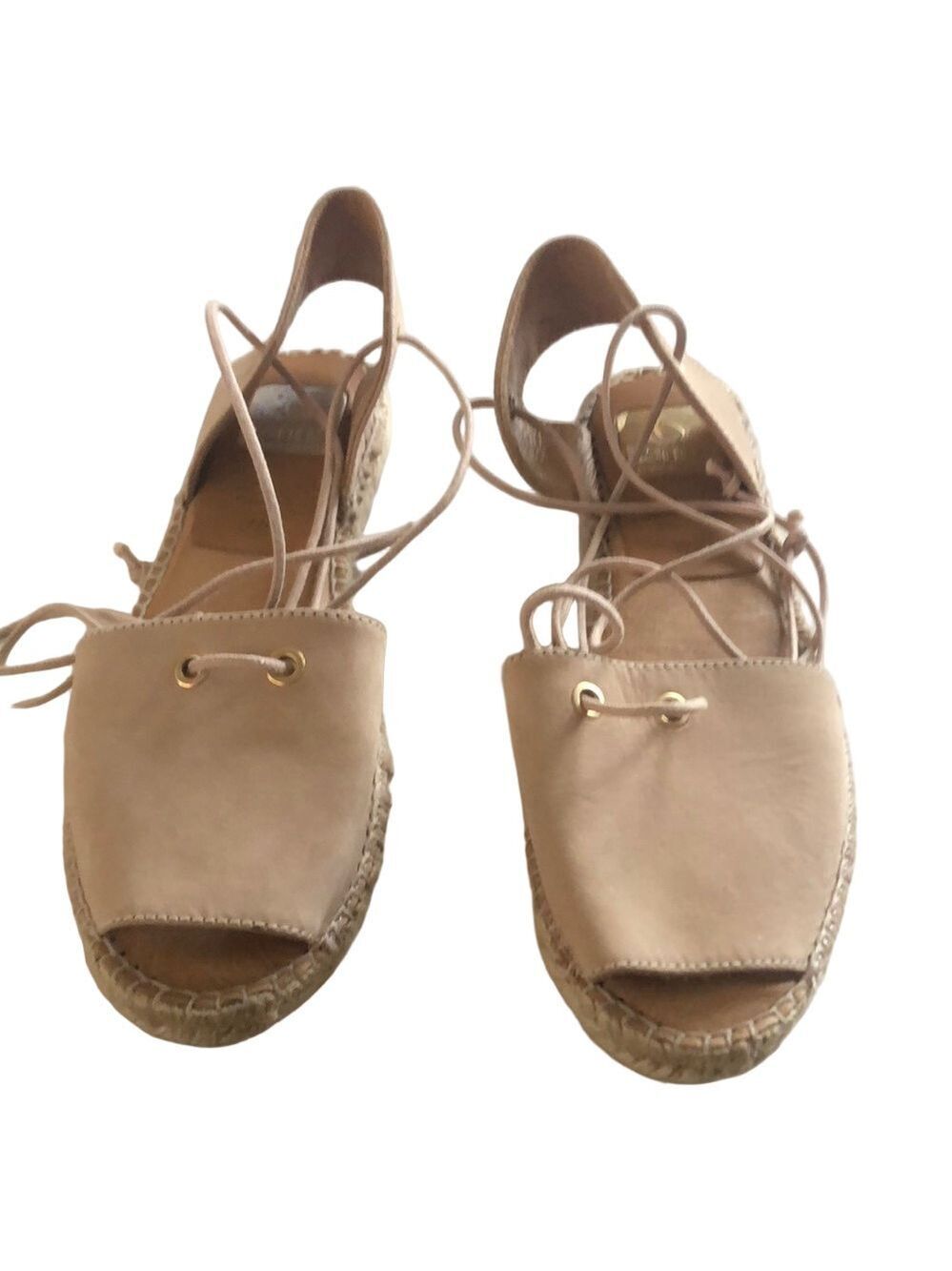 Kanna Size 7.5 tan suede lace up espadrilles peep toe flats Anthropologie Spain